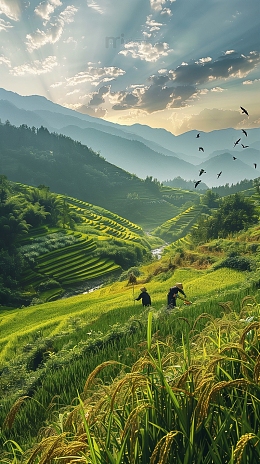 大山稻田农耕背景