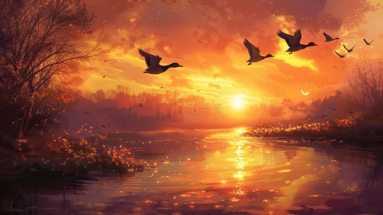 金色朝阳水光粼粼大雁起飞绚烂景观