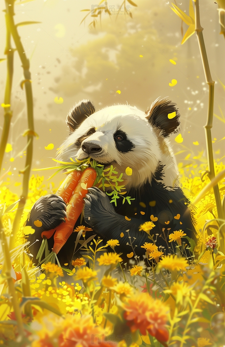 大熊猫吃胡萝卜可爱插画背景