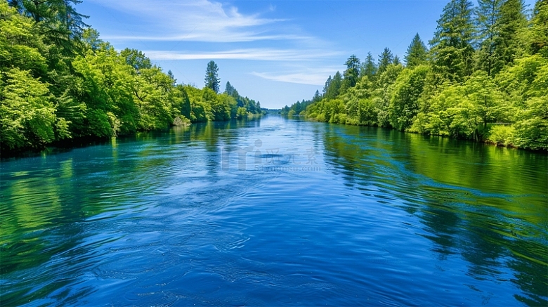 河水河边大树植物蓝色绿色
