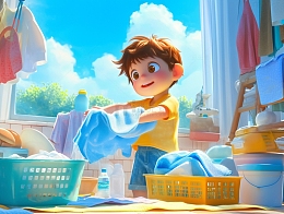 五一假期洗衣服的男孩