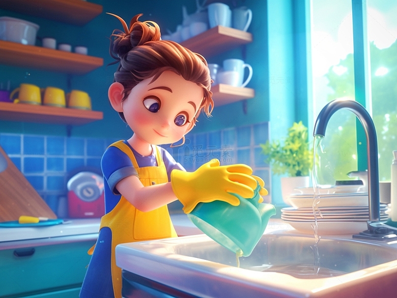 劳动节在家洗碗的女孩