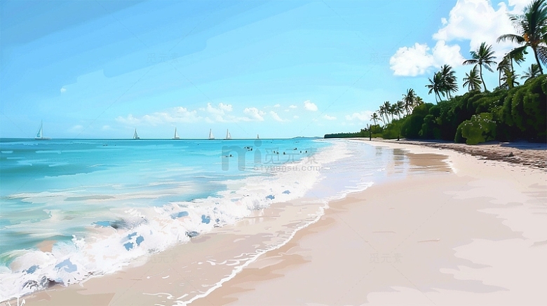 海边沙滩蓝色蓝天白云椰子树