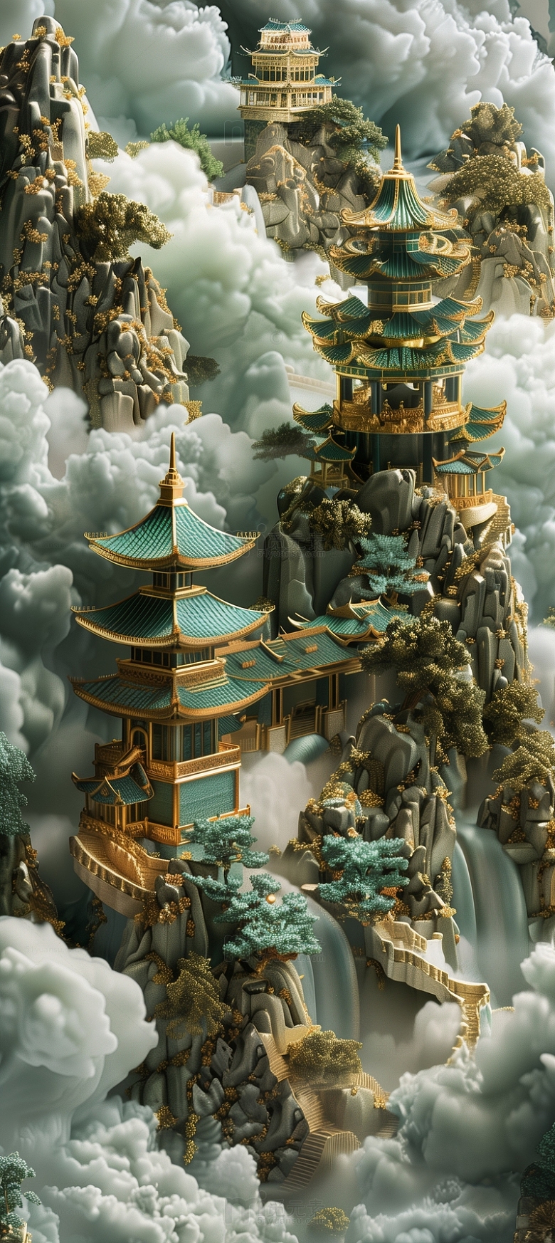3D中国风建筑山石云层背景