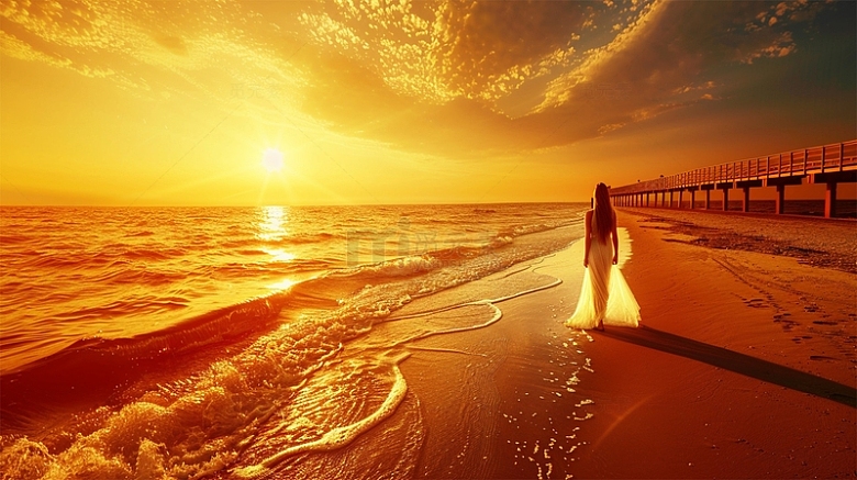 海边美女暖色沙滩阳光夕阳