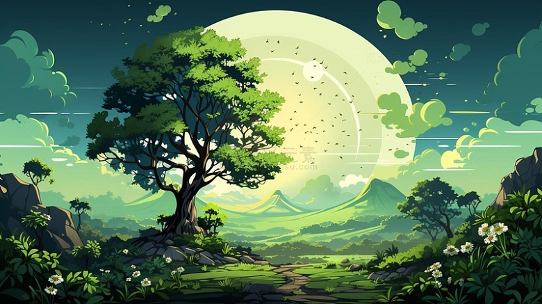 森林古树绿色插画