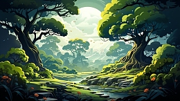 森林河流古树大树插画