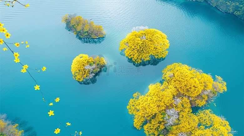 河水鲜花黄色植物唯美场景