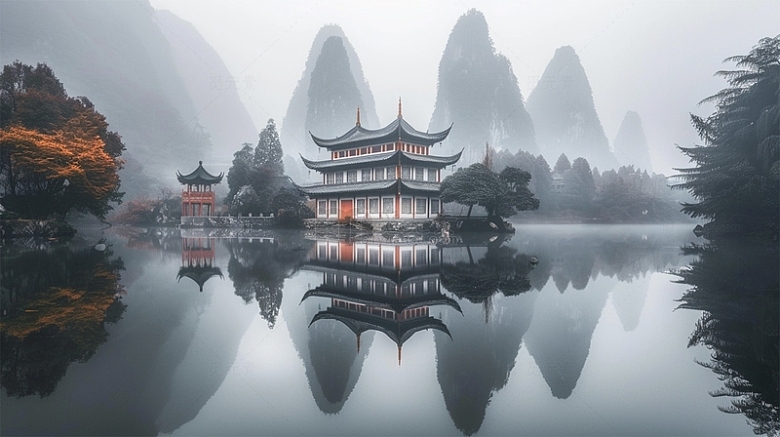 中国风建筑山水水墨植物唯美场景
