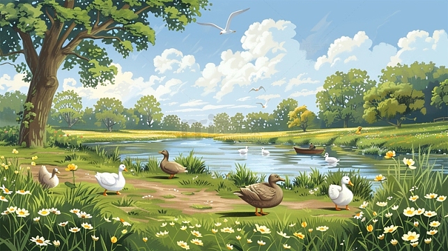 荷塘鸭子植物船鲜花插画场景