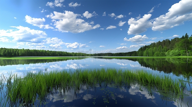 蓝天白云河水湖面植物倒影风景