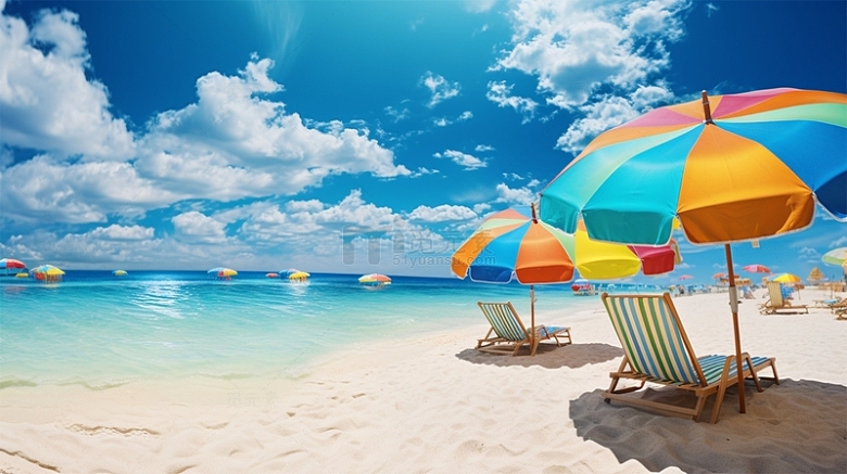 沙滩海边遮阳伞躺椅蓝天白云