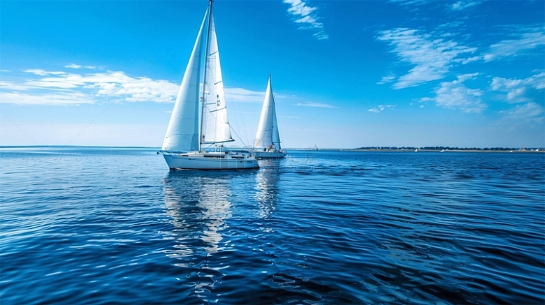 帆船蓝色海面蓝天白云唯美场景