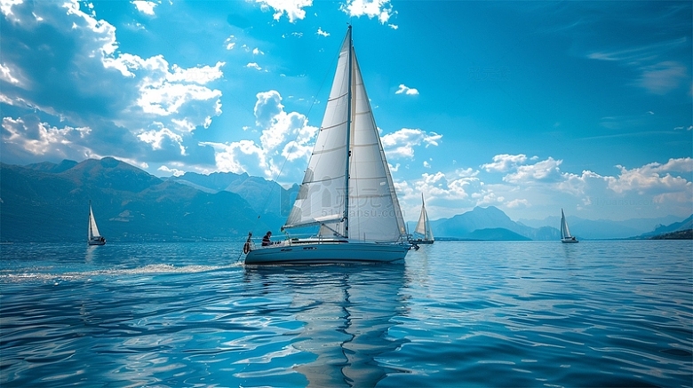 蓝色帆船海面山水蓝天白云唯美场景