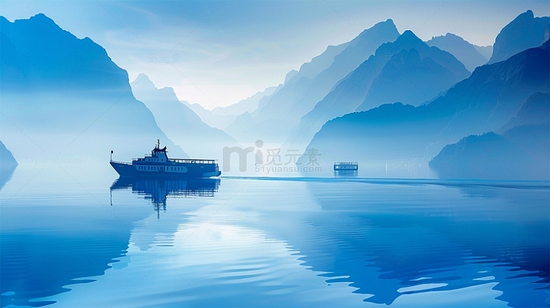 蓝色山水水面渐变船唯美场景