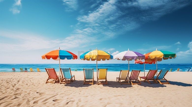 海边沙滩躺椅遮阳伞唯美场景