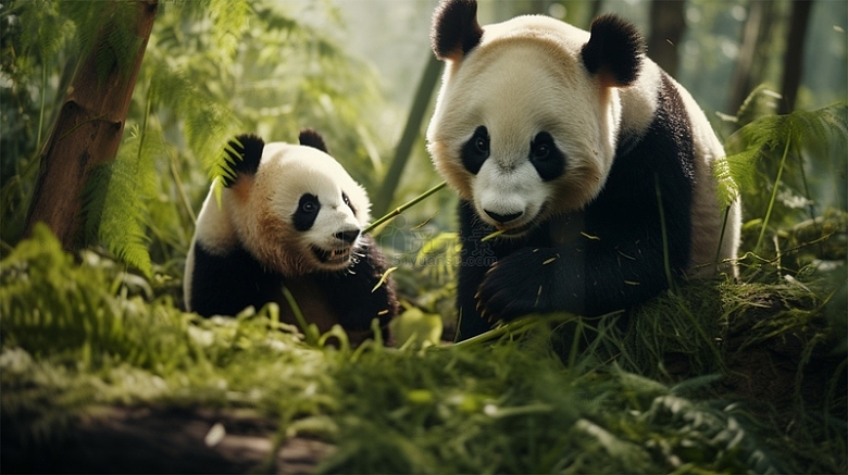 熊猫竹子森林野外可爱黑白场景