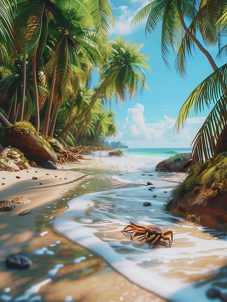 沙滩海浪椰子树
