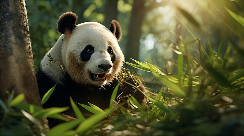 熊猫竹子森林可爱阳光场景