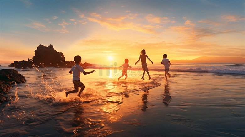 海边海水沙滩太阳儿童嬉水唯美场景