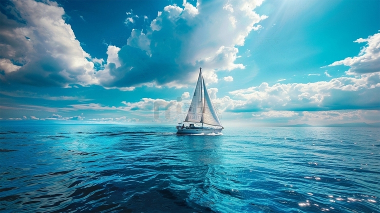 帆船蓝色大海蓝天白云阳光唯美场景