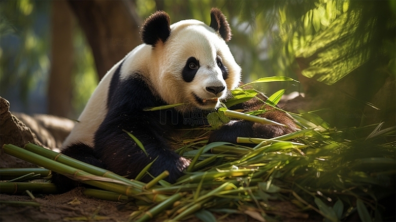 熊猫竹子可爱绿色黑白场景