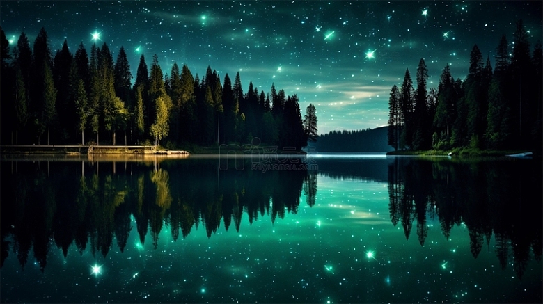 星空植物水面倒影夜晚唯美场景