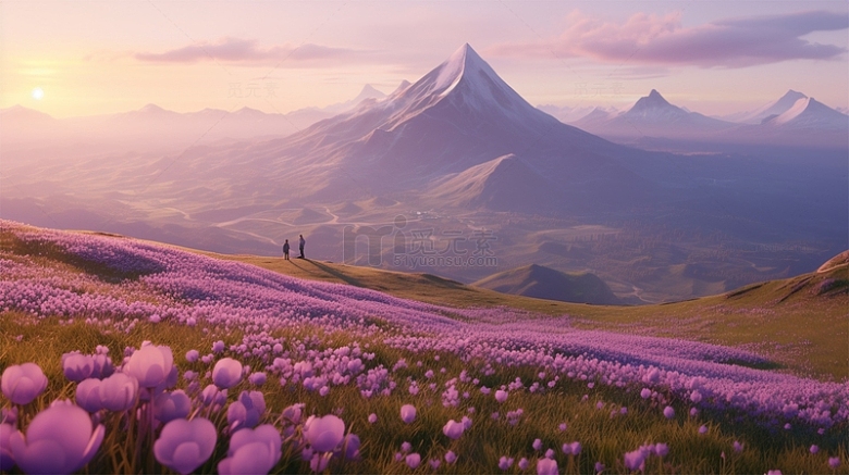 雪山山坡紫色鲜花唯美场景