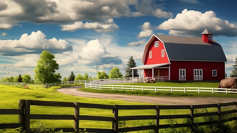 农场牧场蓝天白云红色建筑场景