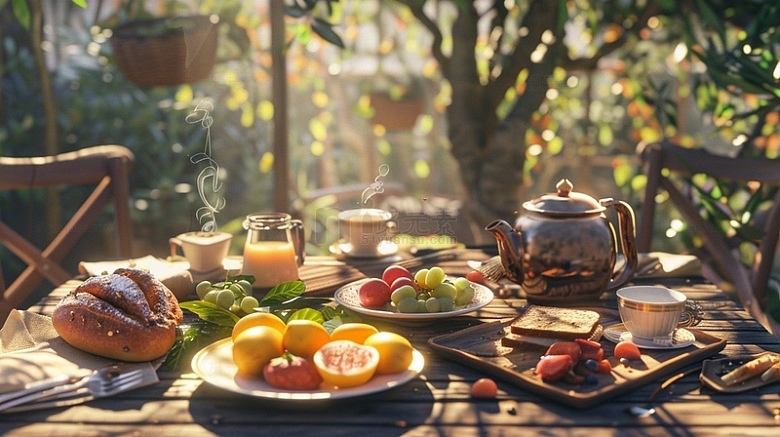 早餐水果茶壶阳光唯美场景