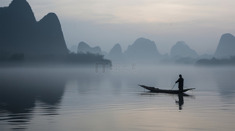中国风山水船人物黑白水墨唯美场景