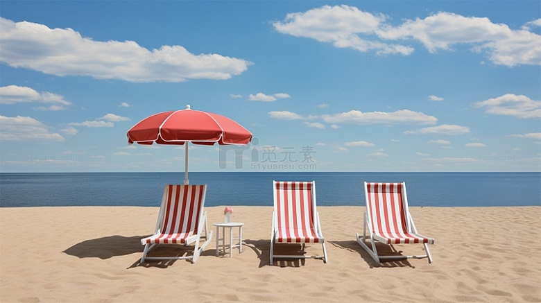 海边沙滩蓝天白云躺椅红色场景