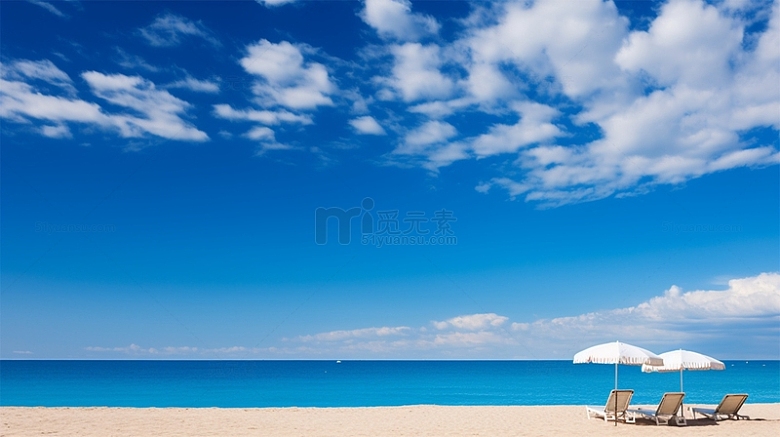 蓝天白云海边沙滩躺椅唯美场景