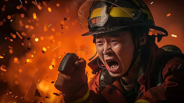 消防人员救火现场人物特写镜头
