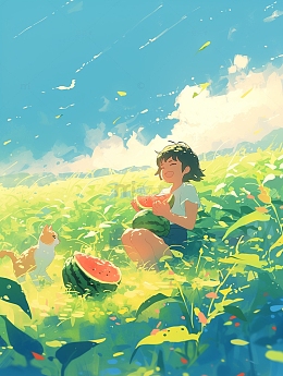 夏天女孩草地吃西瓜简约插画