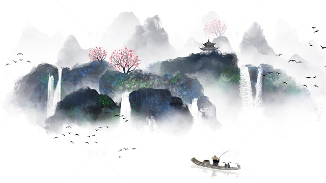国风水墨画高山流水亭子花树飞鸟小舟