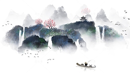 国风水墨画高山流水亭子花树飞鸟小舟