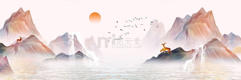 国风山水画高山流水山峰太阳飞鸟鹿湖面