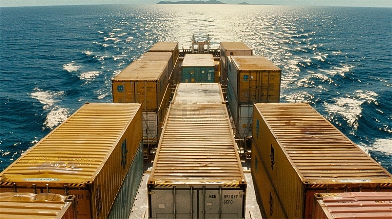 黄色集装箱海上运输物流货船场景