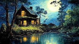 AI绘画月光下的湖边小屋