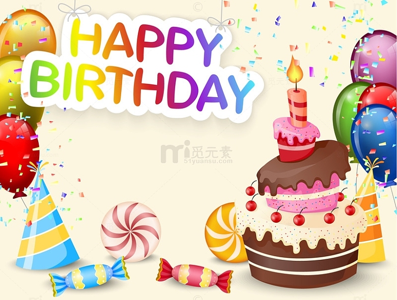 生日背景与生日蛋糕彩色气球