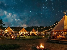 灯火璀璨星光闪耀热闹露营景象