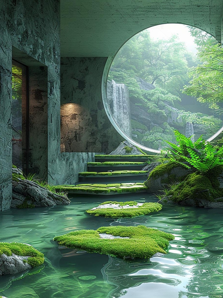 圆形拱门建筑青山绿水围绕风景图