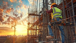 建筑工地钢筋捆绑工人工作背影