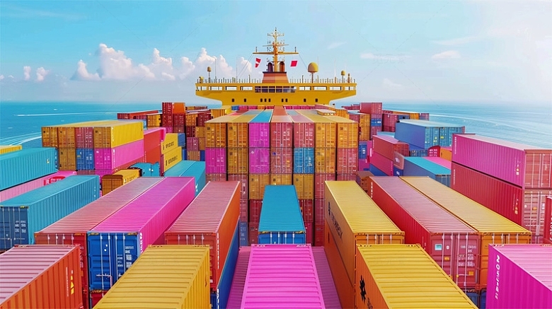 集装箱粉色物流运输海面航行货船货轮