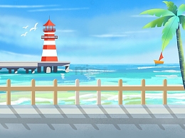 海边椰树大海跑道灯塔夏天海鸥假期