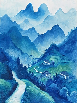 古风山水风景图画jpg夕阳中云雾缭绕的山峰jpg蓝金色古风波浪背景jpg