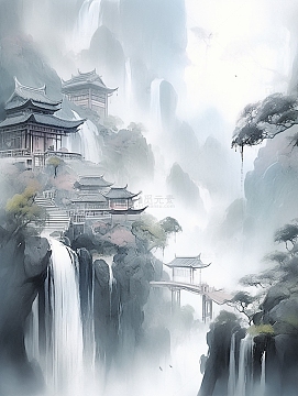 黑白水墨云雾建筑