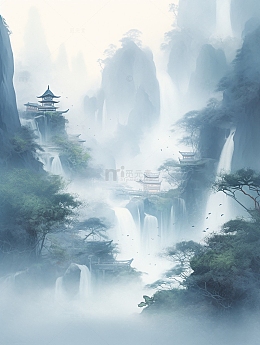 水墨云雾建筑山水