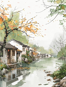古风建筑细雨山水